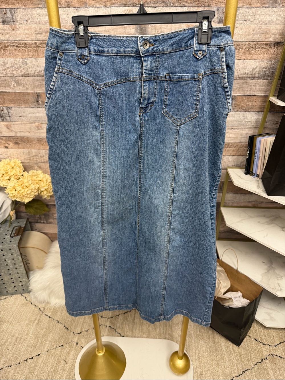 Route Light Wash Long Denim Pencil Maxi Skirt